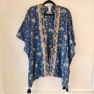 J. Jill Purejill Embroidered Poncho Wrap Blue Floral Shawl Cardigan Women's S-L
